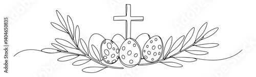 decorated cross with easter eggs and leaves minimalist monoline design