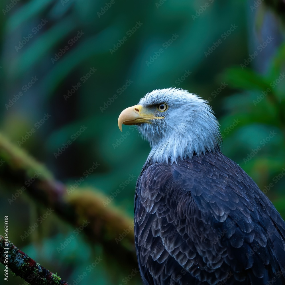 Obraz premium Bald eagle perched majestically amidst lush greenery