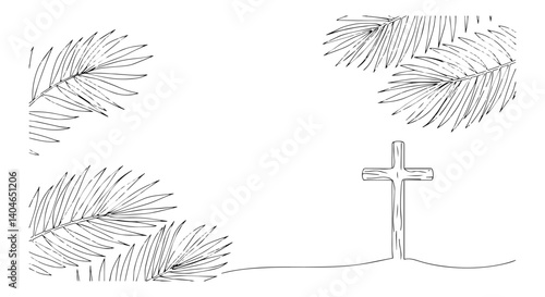 cross among palm branches minimalist line art illustration
