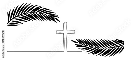 cross surrounded by palm leaves minimalist line art illustration