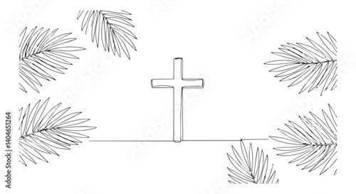 cross surrounded by palm leaves minimalist hand-drawn line art, abstract black contour sketch