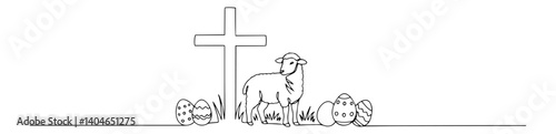 cross with lamb sitting nearby minimalist hand-drawn line art, abstract black contour sketch