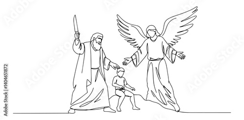 God tests Abraham and commands him to sacrifice his son Isaac minimalist black monoline vector illustration with a modern and abstract aesthetic approach