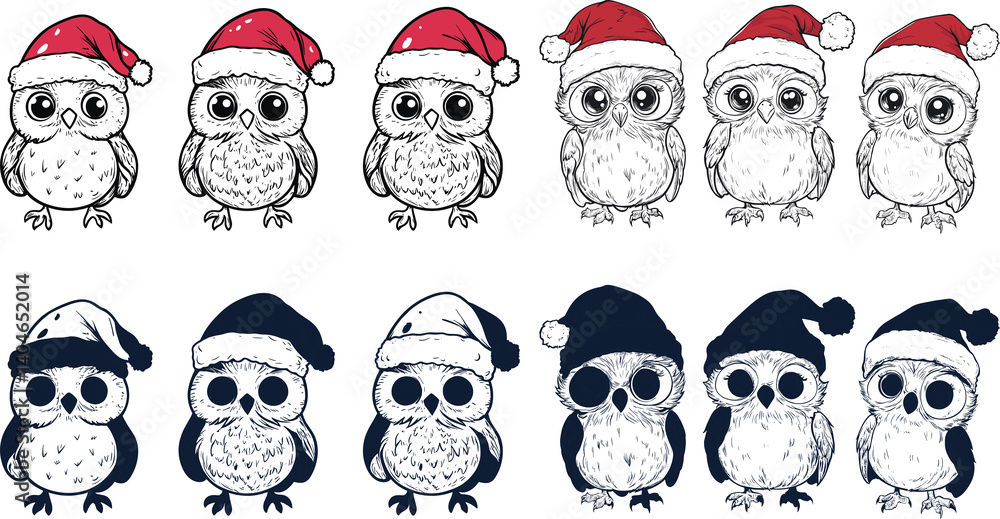 owls with red Christmas hat for design element and coloring book,coloring page. owls with red Christmas hat for design element and coloring book,coloring page.