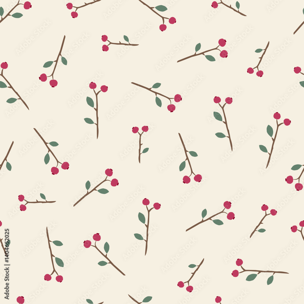 Vector Christmas holly berries and leaves seamless pattern background with hand-drawn elements. Xmas greeting card and design for fabric, scarves, scrapbooks, wrapping paper, and textiles. Vector Christmas holly berries and leaves seamless pattern background with hand-drawn elements. Xmas greeting card and design for fabric, scarves, scrapbooks, wrapping paper, and textiles.