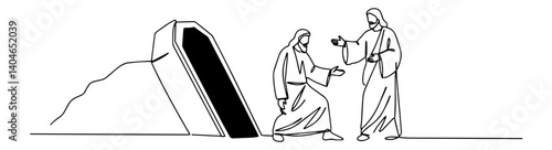 risen jesus appearing to mary magdalene at the tomb biblical religious scene minimalist black and white line art with a continuous flow