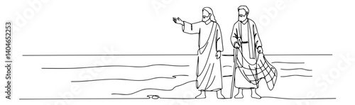jesus calling the fishermen linear vector artwork
