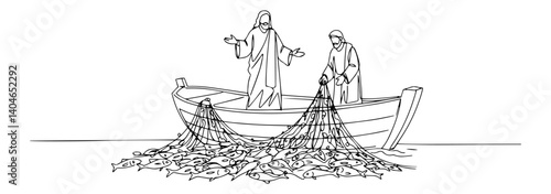 miracle of the great catch of fish biblical scene linear abstract art using minimal lines and clean curves