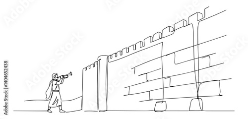 man blowing trumpet at city wall biblical scene hand-drawn monoline art