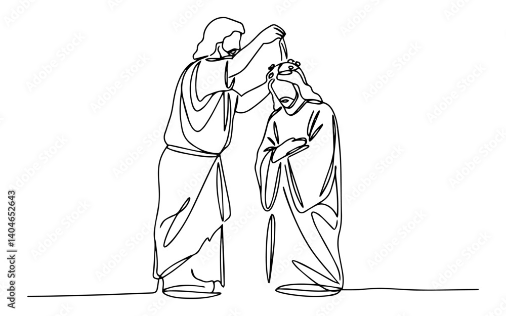 Fototapeta premium baptism of jesus by john the baptist fluid single-stroke technique merged with rigid geometric frameworks
