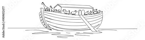 noah's ark filled with animals on water biblical religious scene fluid single-stroke drawing style characterized by simplicity and artistic elegance