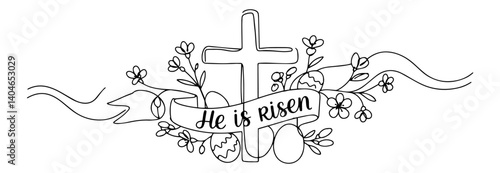 he is risen cross with floral decoration elegant minimalist continuous line technique
