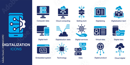 Digitalization icon set. Containing cloud computing, data, technology, embedded system, services, virtual data and more. Solid vector icons collection. Vector illustration.