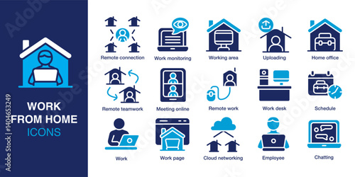 Work from home icon set. Containing remote work, video call, chat, home office, work desk, schedule and more. Solid vector icons collection. Vector illustration.