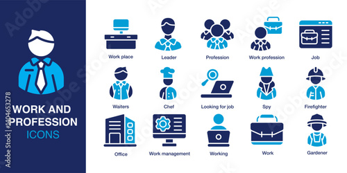 Work and profession icon set. Containing office, leader, waiter, chef, job seeker, employee and more. Solid vector icons collection. Vector illustration.