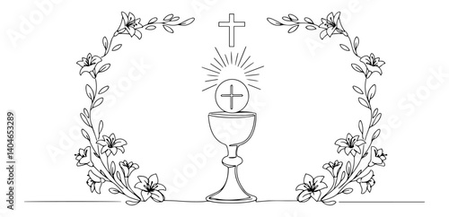 chalice and host surrounded by floral frame dynamic monochrome line interplay