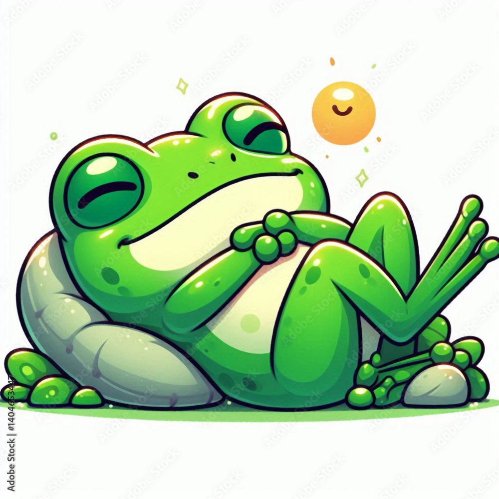 Fototapeta premium animal, painting, illustration, vector, image of a green frog with an expression of pleasure in a relaxed calm
