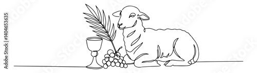 lamb with chalice grapes and wheat continuous line drawing