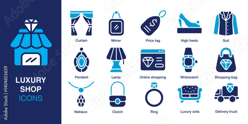 Luxury shop icon set. Containing shopping bag, ring, online shopping, watch, necklace, delivery truck and more. Solid vector icons collection. Vector illustration.