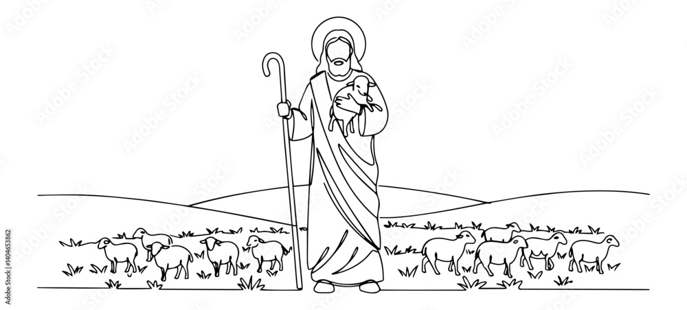 Obraz premium jesus shepherd with staff and sheep contemporary monoline vector art with elegant simplicity