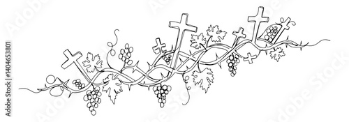 cross with grapes and wheat in cemetery contemporary one-line vector