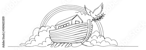 noah's ark on water with dove and olive branch biblical scene contemporary one-line art style with balanced composition and negative space