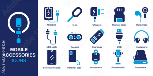 Mobile accessories icon set. Containing charger, USB cable, headphone, phone holder, speaker, smartwatch and more. Solid vector icons collection. Vector illustration.