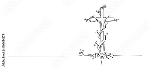 wooden cross with roots and climbing vine black-and-white vector line drawing