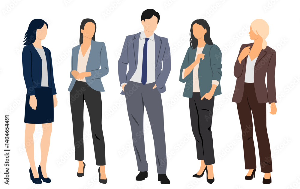 Set of young man and women, different colors, cartoon character, group of silhouettes of standing business people, design concept of flat icon, isolated on white background