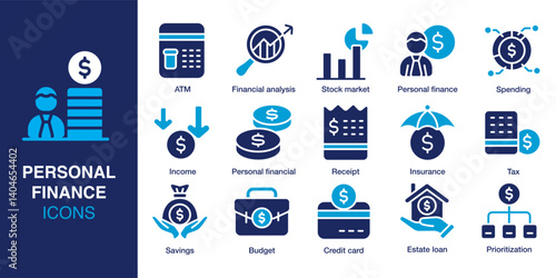 Personal finance icon set. Containing budget, savings, tax, ATM, credit card, analysis and more. Solid vector icons collection. Vector illustration.