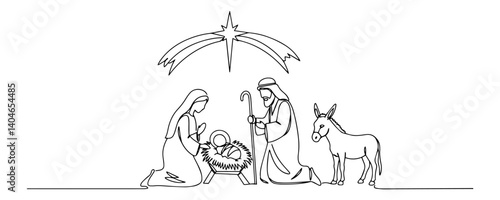 nativity scene with donkey black ink line drawing