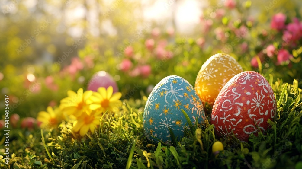 A colorful array of detailed Easter eggs, celebrating the onset of spring with vibrant shades and fine floral designs, basking in soft, warm light A colorful array of detailed Easter eggs, celebrating the onset of spring with vibrant shades and fine floral designs, basking in soft, warm light