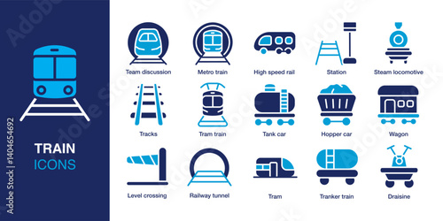 Train icon set. Containing metro train, tram, railway tracks, tank car, train station, and more. Solid vector icons collection. Vector illustration.