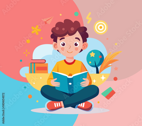 businessman with book, Cute cartoon boy reading a book while sitting cross-legged, surrounded by colorful educational elements. Perfect for school, learning, and children’s content in a fun and playfu