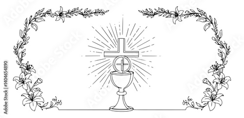 monstrance with rays and floral wreath abstract linear design