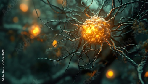  Anime-Style Detailed View of Human Brain Cell with Glowing Neurons, Intricate Network Connections. Central Gray/Dark Blue Figure, Yellowish-Orange Pearlescent Flower Bud Structures, 