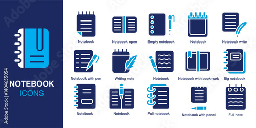 Notebook icon set. Containing writing note, empty notebook, pen, bookmark, full note, and more. Solid vector icons collection. Vector illustration.