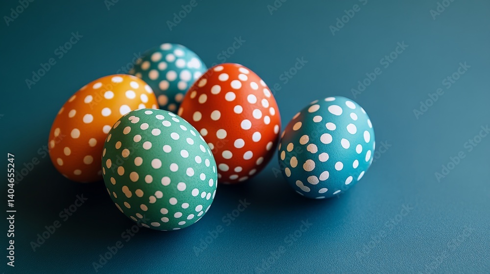 Delicate Easter eggs with small polka dots rest quietly on a peaceful blue background, welcoming the gentle onset of spring Delicate Easter eggs with small polka dots rest quietly on a peaceful blue background, welcoming the gentle onset of spring