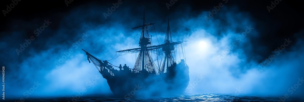 Naklejka premium A phantom pirate ship emerges from the eerie fog, crewed by ghostly sailors with tattered sails, under moonlit horror and cinematic lighting—perfect for supernatural and dark fantasy themes