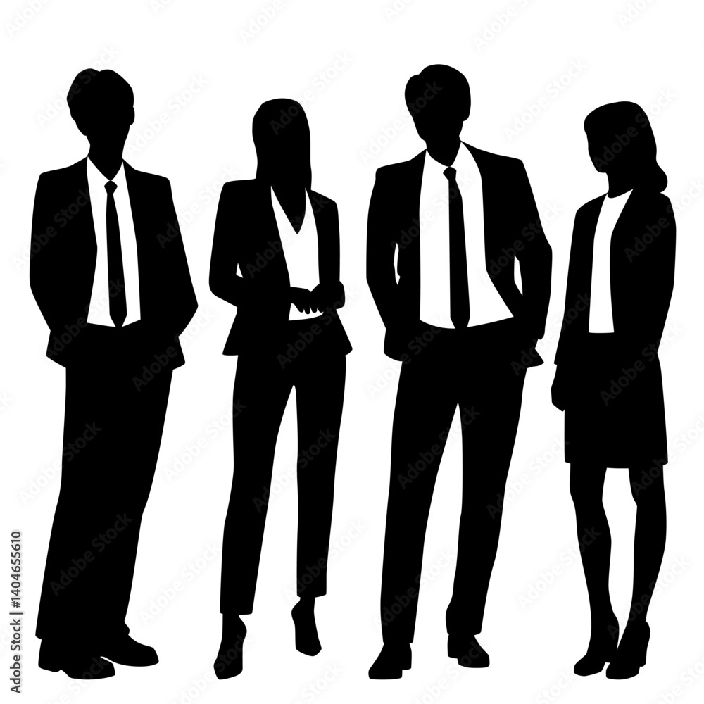 Silhouettes of two men and two women, a group standing business people, profile, vector, black color isolated on white background