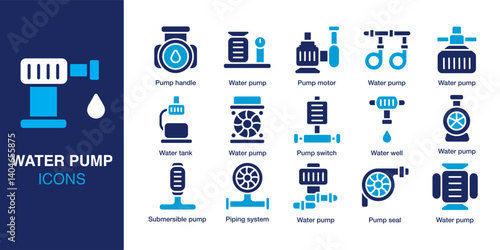 Water Pump icon set. Containing pump handle, motor pump, submersible pump, water tank, piping system, and more. Solid vector icons collection. Vector illustration.