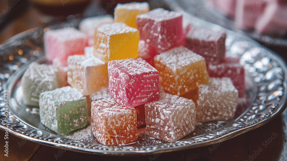 A colorful array of Turkish delight in rose, mint, and lemon flavors, cut into small cubes and dusted with powdered sugar, resting on an elegant silver plate. A colorful array of Turkish delight in rose, mint, and lemon flavors, cut into small cubes and dusted with powdered sugar, resting on an elegant silver plate.
