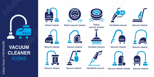 Vacuum Cleaner icon set. Containing robot vacuum, hand held cleaner, carpet vacuum, cordless vacuum, cleaning tool, and more. Solid vector icons collection. Vector illustration.