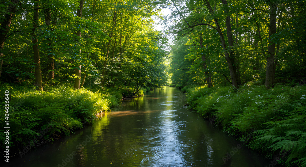 Obraz premium Serene Forest Stream Flowing Through Lush Greenery Under Sunlight Canopy