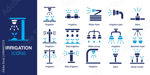 Irrigation icon set. Containing irrigation pipe, sprinkler head, drip irrigation, spray nozzle, water pump, water hose and more. Solid vector icons collection. Vector illustration.