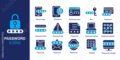 Password icon set. Containing secure log in, password field, keypad, password reset, password risk, password manager and more. Solid vector icons collection. Vector illustration.