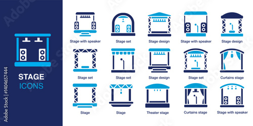 Stage icon set. Containing stage set, curtains stage, stage design, speaker stage, theater stage, concert stage and more. Solid vector icons collection. Vector illustration.