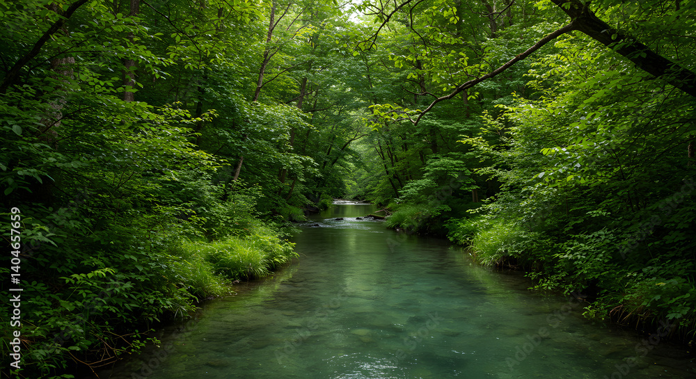 Obraz premium Tranquil Forest Stream Flowing Through Lush Green Vegetation in Nature