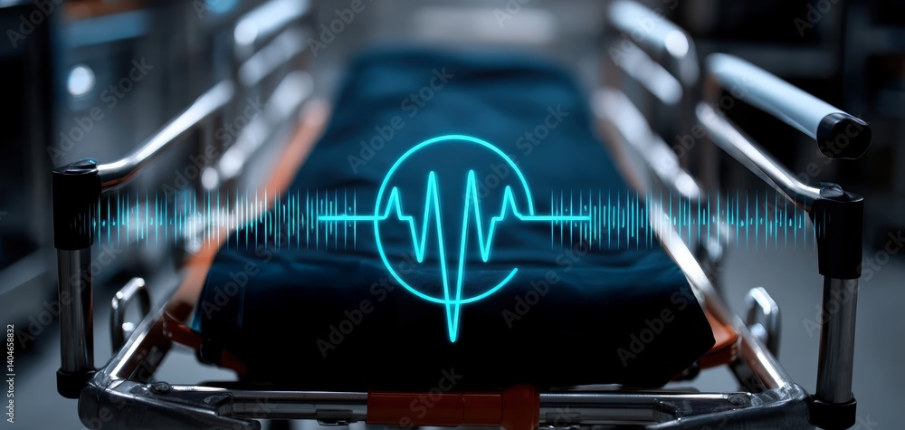 Connected stretcher system transmitting patient s vitals to hospital dashboard during transport, with voice chat from physician to paramedic., copy space for text - communication