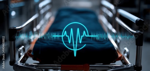 Connected stretcher system transmitting patient s vitals to hospital dashboard during transport, with voice chat from physician to paramedic., copy space for text - communication